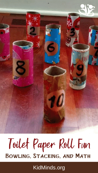 Turn your toilet paper rolls into bowling pins with a bit of wrapping paper and glitter.  Toddlers can practice rolling the ball toward the target.  Older kids can tape the numbers to the pins and practice some math.  #creativemath #mathmagic #mathfun #playfullearning #mathforlittlekids