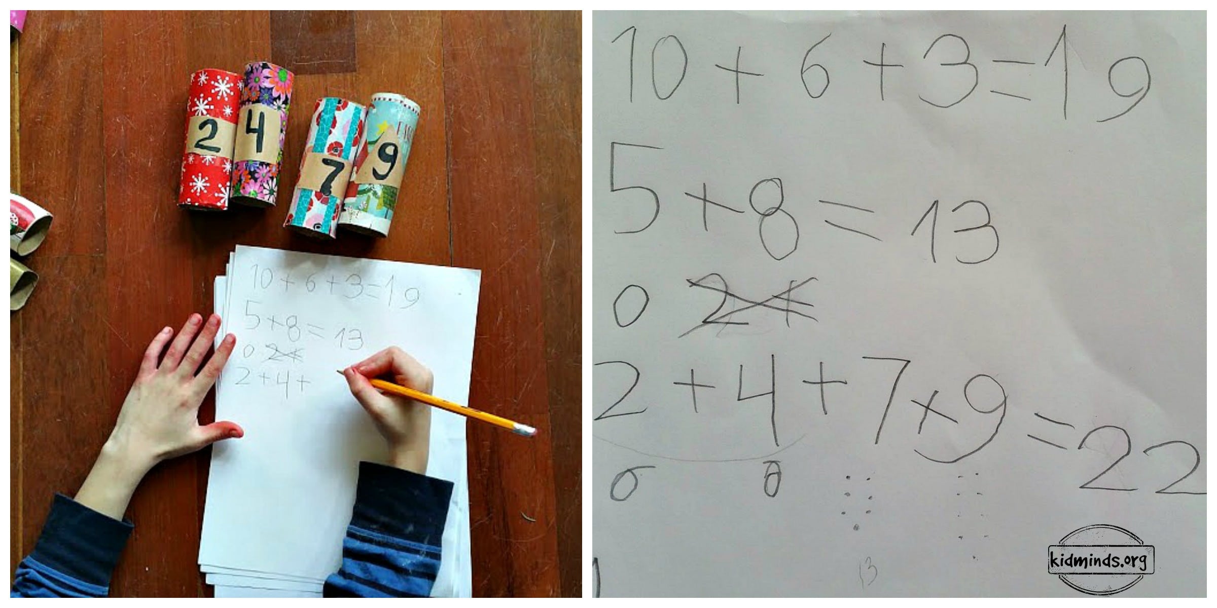 Turn your toilet paper rolls into bowling pins with a bit of wrapping paper and glitter.  Toddlers can practice rolling the ball toward the target.  Older kids can tape the numbers to the pins and practice some math.  #creativemath #mathmagic #mathfun #playfullearning #mathforlittlekids