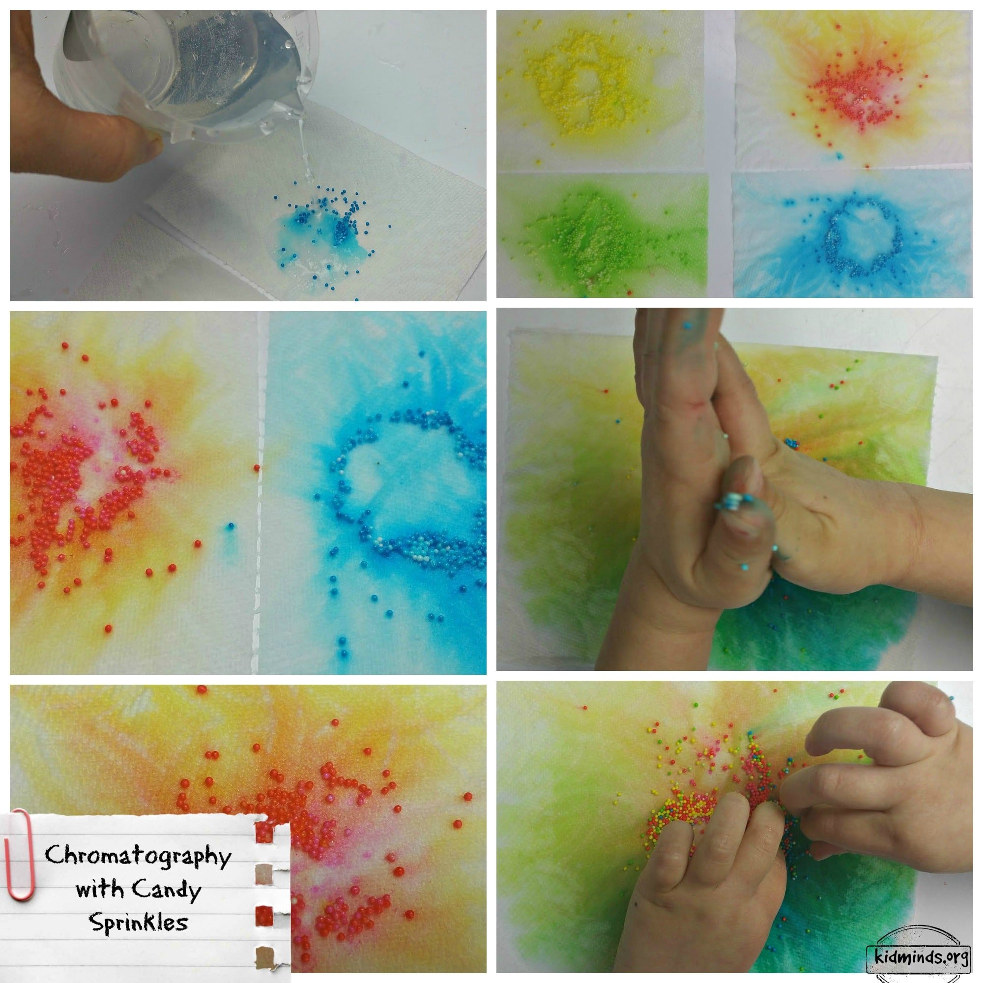 Simple chromatography experiments you can do with kids at home... with food coloring, candy sprinkles, essential oils, and two types of markers.
