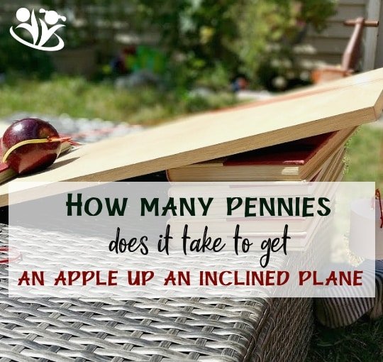 How many pennies does it take to get an apple up an inclined plane? Simple #science for #kids! It’s a great way to learn about gravity and motion, easy to set up and something kids enjoy doing over and over again. #apples #inclinedplane #pennies #fall