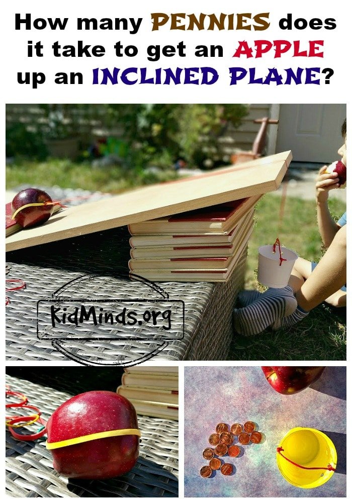 How many pennies does it take to get an apple up an inclined plane?  Simple science for kids!  It’s a great way to learn about gravity and motion, easy to set up and something kids enjoy doing over and over again. #apples #science #inclinedplane #pennies #fall