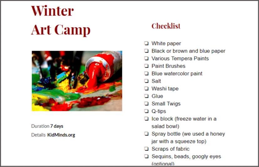 7 fantastic art ideas (+ tips) for your winter art camp at home. Not only is it a fun thing to do with kids, but it’s also a great opportunity for creative expression and development of balanced thinking. #winterart #campathome #art4kids #makingmemories #funathomewithkids #wintercamp