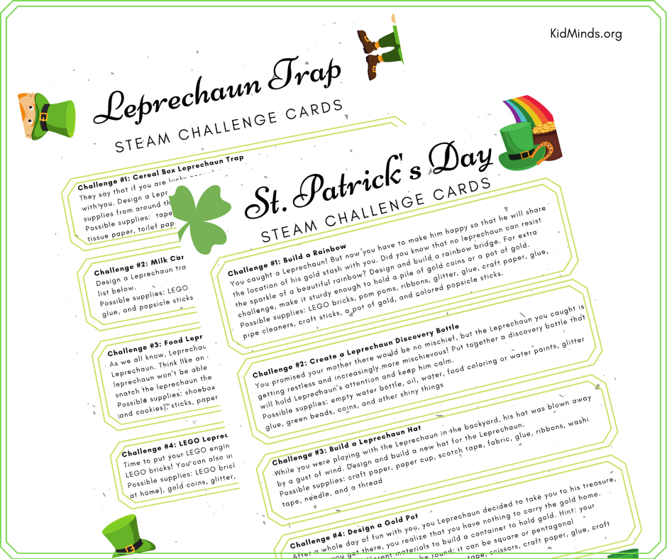 Leprechaun Trap Engineering Challenge will get kids thinking creatively, practicing their problem-solving skills, and will add a little magic to this often-overlooked holiday. Free Printable STEAM Challenge Cards! #kidsactivities #kidminds #StPatricksDay #creativekids #creativelearning #handsonlearning #engineeringchallenge #earlylearning #laughingkidslearn #STEAM #scienceforlittlekids