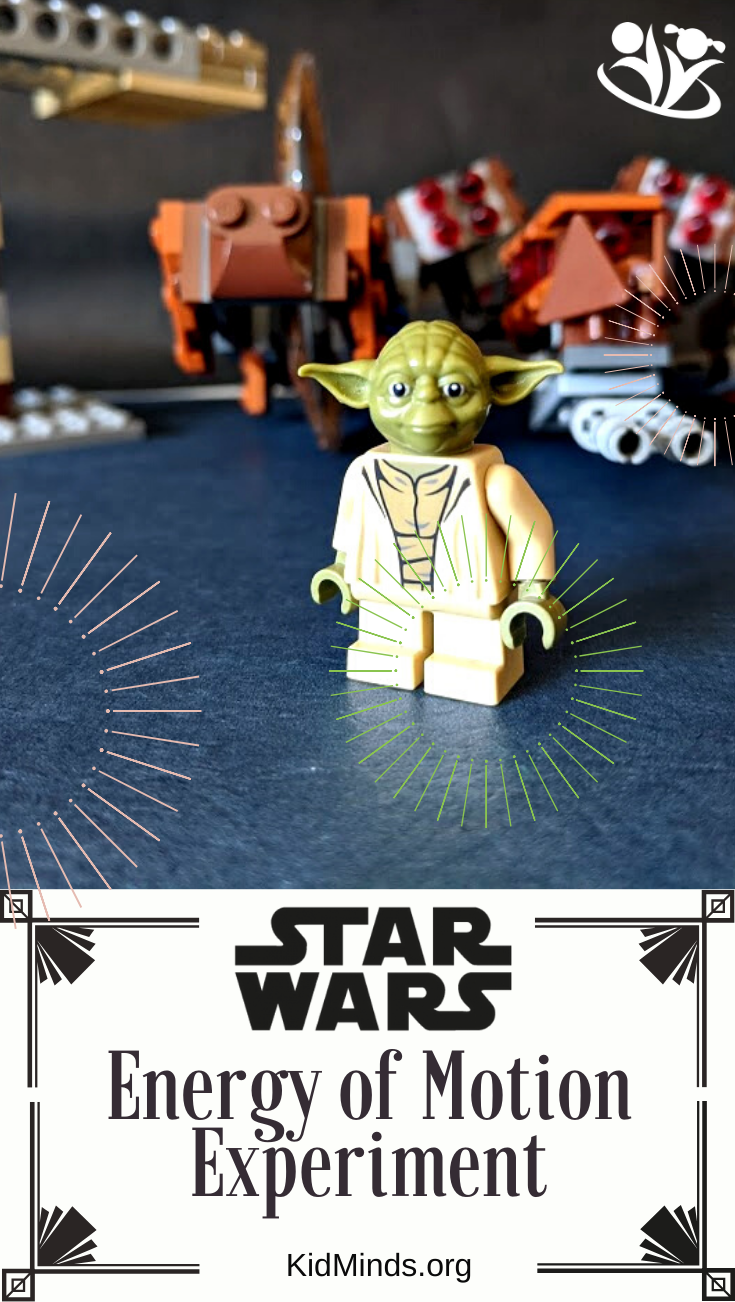 Delightful Star Wars Science experiment. Introduce kids to the concepts of potential and kinetic energy with the help of Yoda, rump, and a Star Wars LEGO wheel droid.  #creativelearning #STARWARS #kidsactivities #handsonlearning #kidminds #scienceforkids #LEGO