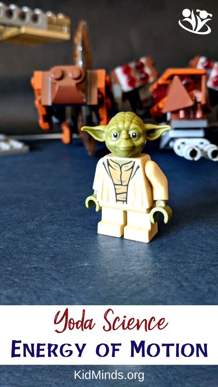 Delightful Star Wars Science experiment. Introduce kids to the concepts of potential and kinetic energy with the help of Yoda, rump, and a Star Wars LEGO wheel droid.  #creativelearning #STARWARS #kidsactivities #handsonlearning #kidminds #scienceforkids #LEGO