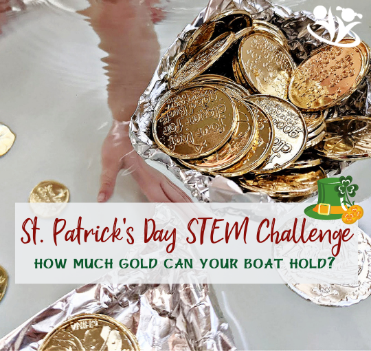 In this St. Patrick’s Day STEM activity, kids will build their own boat to transfer Leprechaun Gold across the bay. #STEM #handsonactivities #kidactivities #kidminds #laughingkidslearn #scienceforlittlekids #spring #stpatricksday #leprechaungold