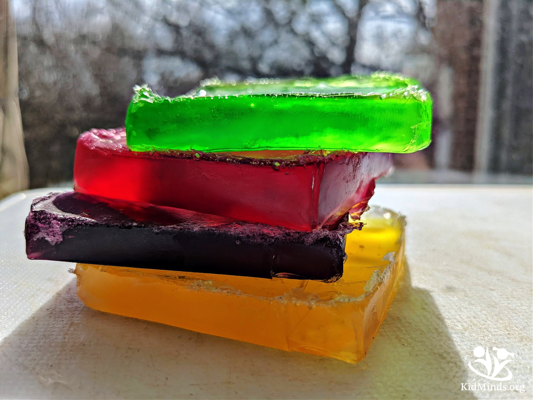 These colorful soap bars are a fun way to spend an hour with your children, learn some science, and mark the arrival of spring in your house. #STEAM #scienceforkids #handsonlearning #kidsactivities #laughingkidslearn #kidminds