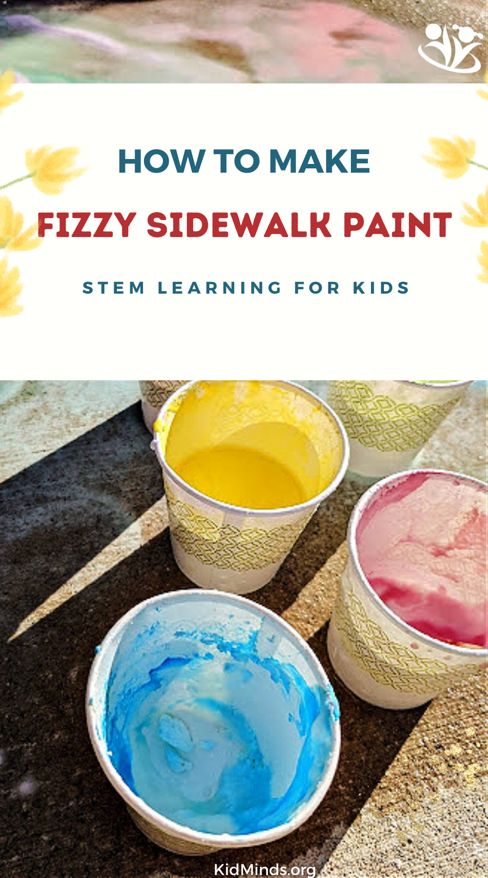 Ready in just five minutes, this fizzy sidewalk paint recipe is a super fun way to spend time outside and learn some science. #kidsactivities #summer #kidminds #learningideas #STEAM