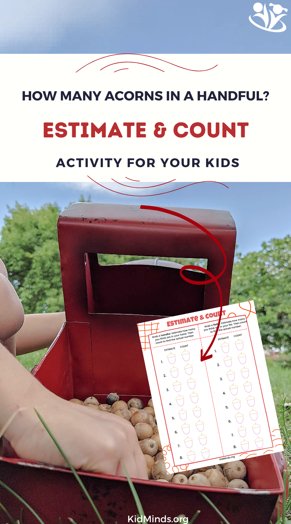 This new acorn activity is fun and an easy way to practice estimation. Print our Estimate & Count worksheet for even more learning.  #kidsactivities #printables #math #acorns #fallmath #homeschooling #fall #kidminds #STEM