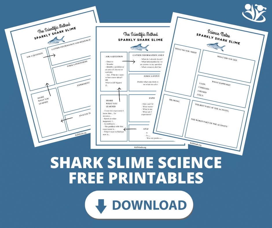 We are using sand, shaving cream, and sparkly glue to create amazing shark slime. Not only is shark slime a fun activity, but it's also a great way to teach your kids some science concepts. Scrolls down to download all the wonderful shark printables! #kidsactivities #kidminds #earlylearning #STEAM #science4kids #laughingkidslearn #kidsactivity #sharkweek #sharks #sharkscience