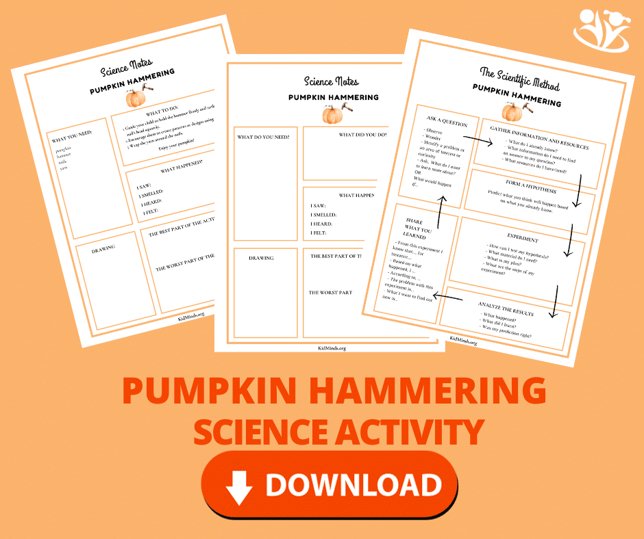 Hammering nails into pumpkins may seem like a simple and fun activity for kids, but it's also an incredibly educational experience.  #kidsactivities #handsonlearning #fallscience #STEM #pumpkins #earlyeducation #laughingkidslearn