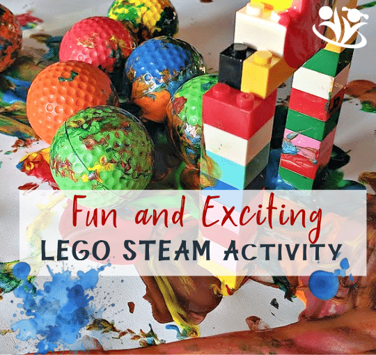 Use this simple idea to extend LEGO play to include science and art. Directing golf balls through the LEGO arch filled with paints combines the science of aerodynamics (interaction of air and bodies moving through it), engineering (constructing the arch), hand-eye coordination, and art. #handsonlearning #funlearning #STEAM #earlylearning #scienceforlittlekids #learningwell #laughingkidslearn #kidsactivities #kidminds #creativelearning #LEGOactivities #artideas