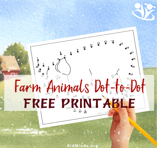 Invite kids to connect the dots to reveal a picture of a farm animal. This fun activity boosts children's counting abilities and hand-eye coordination and creatively introduces them to various farm animals. #kidsactivities #creativelearning #earlyeducation #funlearning #connectthedots #farmanimals #braingym #kidminds